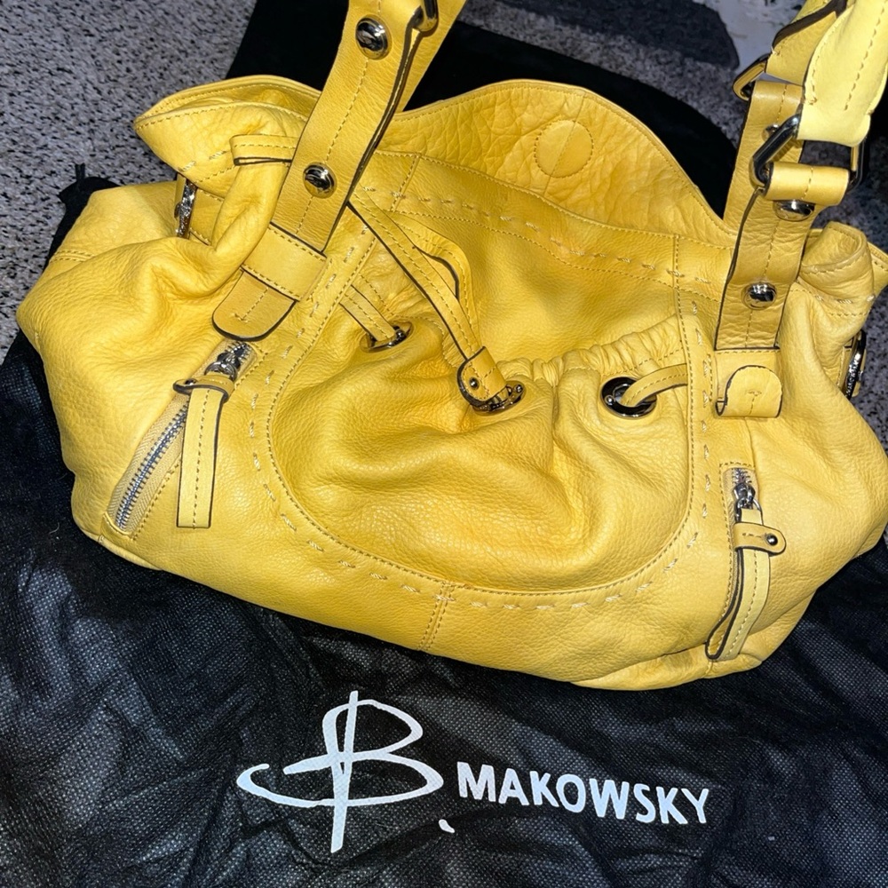 B. Makowsky Yellow Shoulder Bag with Textured Leather and Edgy Buckles